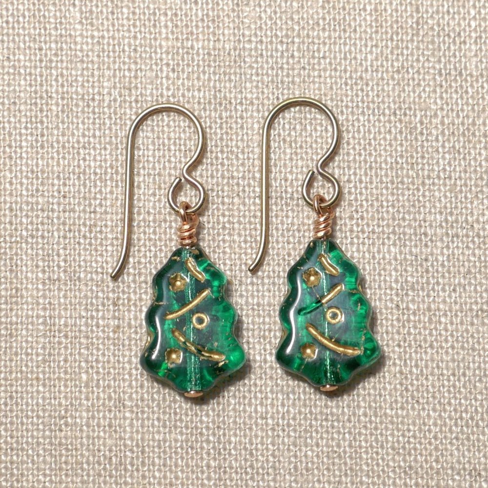Hand Crafted Handmade Czech Glass Green Christmas Tree Earrings - Picture 1 of 4